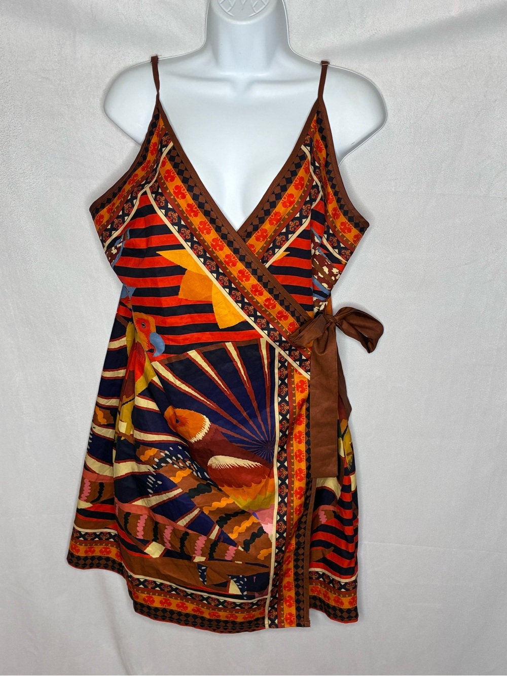 Vibrant Multi-Color Bird Printed Wrap Dress with Tie size Large